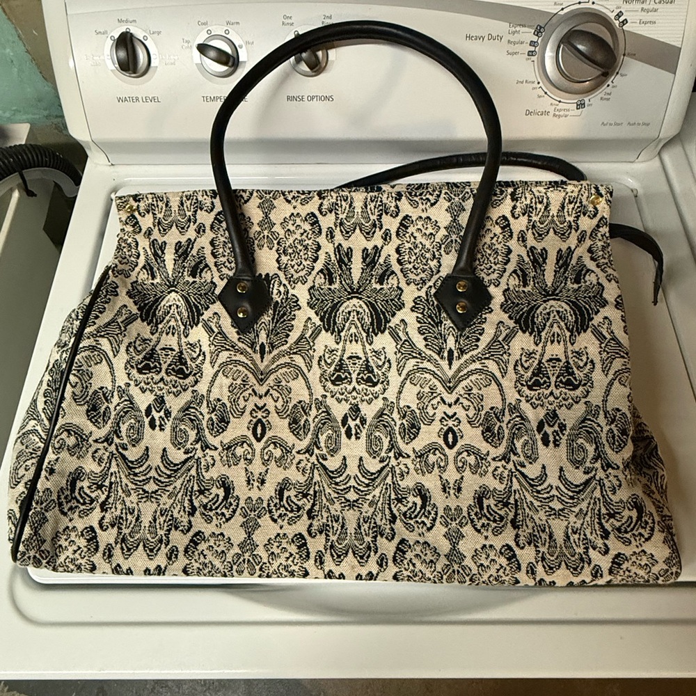 Vintage Black & Cream Damask Tapestry Tote Bag | Structured | Metal Feet